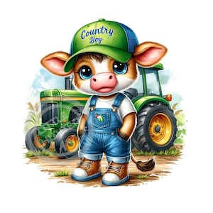 May include: A cartoon cow wearing a green and blue baseball cap with the text "Country Boy" on it. The cow is wearing blue overalls and brown boots. The cow is standing in front of a green tractor.