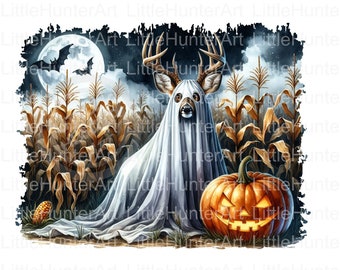 May include: A white ghost deer with antlers stands in a cornfield at night. The deer is wearing a white sheet and has a carved pumpkin next to it. The moon is visible in the background.