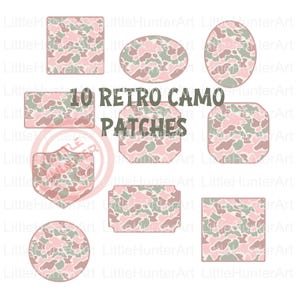May include: Ten patches in various geometric shapes, including squares, circles, ovals, and shields, all featuring a camouflage pattern in shades of pink, light green, and brown. The text 10 RETRO CAMO PATCHES is centered in dark green.