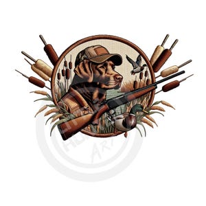 May include: A brown and white hunting dog wearing a camouflage hat and holding a shotgun. The dog is surrounded by cattails and a duck. The image is in a circular frame.