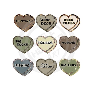 May include: Nine camouflage-patterned heart-shaped stickers with various hunting and outdoor-themed phrases. The phrases include "Hunting", "Good Dogs", "Deer Trails", "Big Bucks", "Trucks", "Muddin', "Fishing", "Four Wheelers", and "Big Rubs".