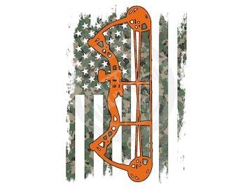 May include: A distressed American flag design with a camouflage pattern overlay. An orange silhouette of a compound bow is centered on the flag.
