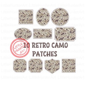 Puede incluir: Diez parches retro de camuflaje en varias formas, incluyendo cuadrados, óvalos y círculos. Los parches presentan un patrón de camuflaje marrón, beige y gris. La imagen incluye el texto "10 Retro Camo Patches" y un logotipo.