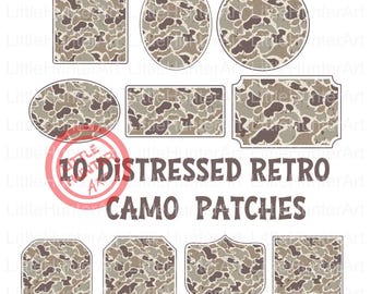 Distressed Retro Camo Patches PNG Bundle: Old School Camouflage Designs (Digital Download