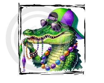 Könnte beinhalten: Aquarellillustration eines grünen Alligators mit einer grün-violetten Baseballkappe, Sonnenbrille und Perlenketten. Der Alligator hält eine Perlenkette mit einer lila Quaste im Maul. Das Bild ist mit einem schwarzen Rahmen versehen.