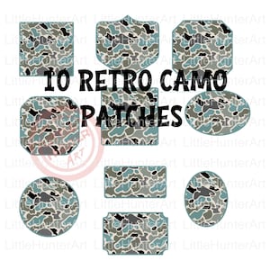May include: A collection of ten patches featuring a camouflage pattern in shades of gray, blue, and black. The patches come in various geometric shapes including circles, rectangles, and shields. The text 10 RETRO CAMO PATCHES is centered.