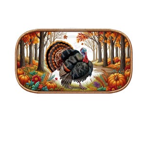 May include: A colorful illustration of a turkey walking through a forest with fall foliage. The turkey is black, brown, and red with a blue head. The forest is filled with orange, yellow, and red leaves. There are pumpkins on the ground.