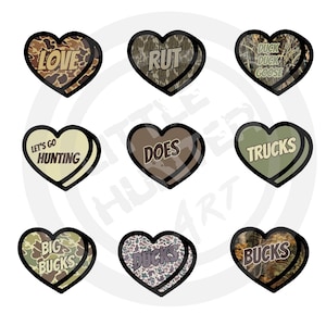 May include: Nine different camouflage patterned heart-shaped candy conversation hearts with various hunting and outdoors-themed phrases. The phrases include "Love", "Rut", "Duck Duck Goose", "Let's Go Hunting", "Does", "Trucks", "Big Bucks", "Ducks", and "Bucks".