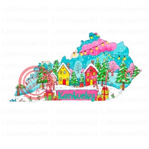 May include: A colorful illustration of the state of Kentucky in a winter scene. The design features houses, Christmas trees, candy canes, and the word "Kentucky" in a pink banner. The background has a blue and pink sky with string lights.