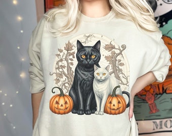Sudadera de gato de Halloween, sudadera de gato negro de temporada espeluznante, camisa de Halloween, camisa de Halloween unisex, regalo de amante de los gatos, camisa de mujer de calabaza