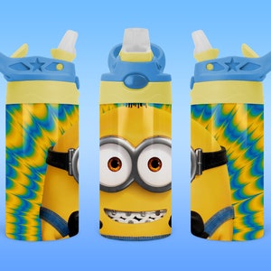 May include: A yellow and blue water bottle with a Minion character design. The bottle has a blue lid with a straw and a yellow base. The Minion has a blue and black eye patch and a big smile with braces.