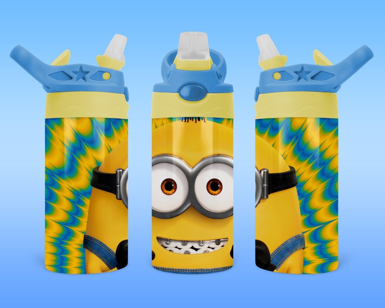 May include: A yellow and blue water bottle with a Minion character design. The bottle has a blue lid with a straw and a yellow base. The Minion has a blue and black eye patch and a big smile with braces.