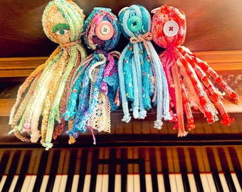 Handmade Fabric Squid Plush • Button-Eyed Art Doll • One-of-a-Kind Soft Sculpture • Cozy Folk Plush • Whimsical Handmade Toy
