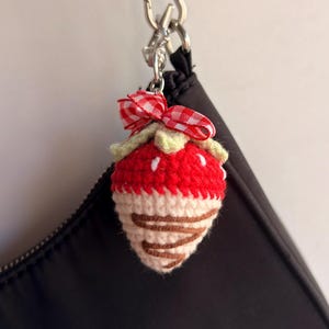 Handmade Crochet Strawberry Keychain – Kawaii Bag Charm with Flower- Small Handmade Gift Red- White Choco