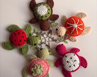 Crochet Fruit Turtle Keychain, Amigurumi Plush, Handmade Charm, Summer Ocean Bag Accessory