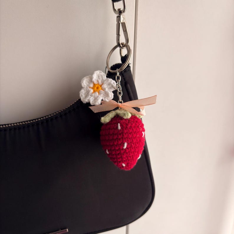 Handmade Crochet Strawberry Keychain – Kawaii Bag Charm with Flower- Small Handmade Gift Dark Red