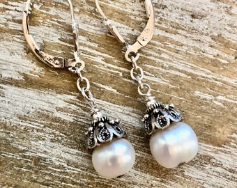 Freshwater Pearl Sterling Silver Earrings, Leverback Earrings  Mother's Day Gift Idea