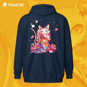 Unisex Geisha Sphynx Cat Zip Up Hoodie, Warm Soft Fleece, Japanese Anime, For Men & Women