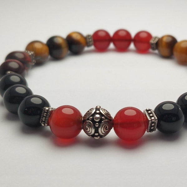 Black bracelet in Onyx, Carnelian, Tiger's Eye and Bull's Eye - Luxury French craftsmanship - "New York" - Spiritual Jewel