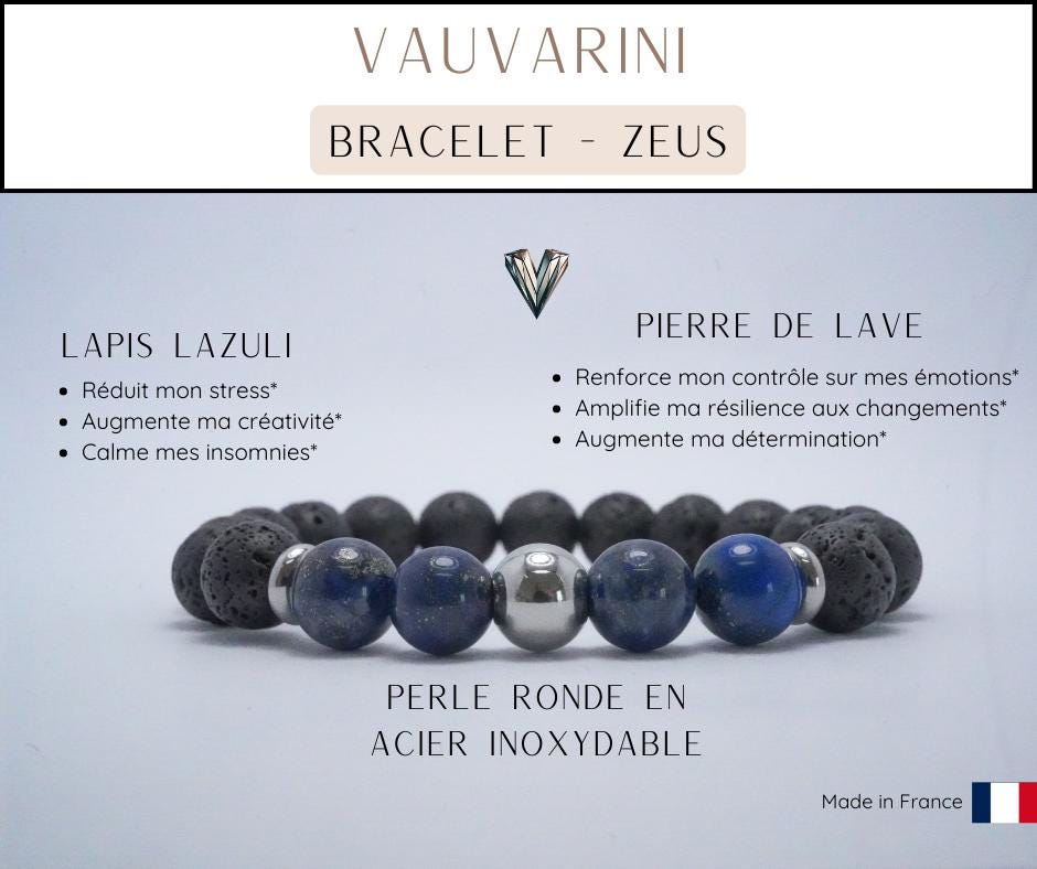 High-Quality Black Bracelet in Lava Stone & Lapis Lazuli - Luxury French Craftsmanship - "ZEUS" - Spiritual Jewelry