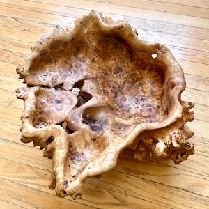 Può includere: Una grande ciotola in radica di legno naturale caratterizzata da una forma organica irregolare con una finitura lucida color marrone chiaro. La superficie presenta complessi motivi a venature, nodi scuri e un centro cavo con un piccolo foro.