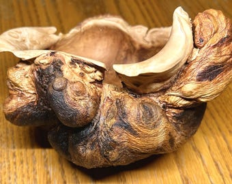 Pacific Dogwood Burl Wood Bowl Sculpture, Hand Carved and Highly Polished, Sandblasted, Finished with Foodsafe Beeswax