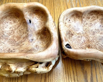 Maple Burl Wood Bowls, Hand Carved and Highly Polished, Sandblasted, Finished with Foodsafe Beeswax. &quot;Siamese Twins&quot; that grew together.