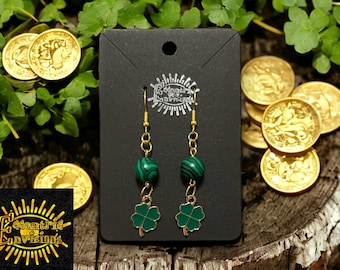 Shamrock Four Leaf Clover Green and Golden Dangle Earrings