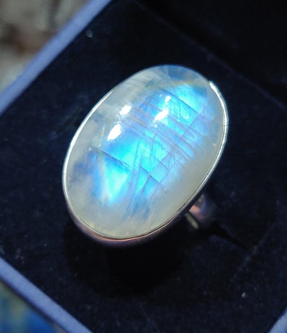 Rainbow Moonstone Sterling Silver Ring, Oval Gemstone, Sz 7.75