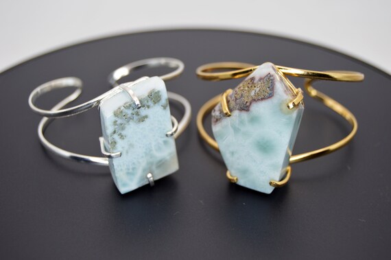 Huge Polygon Shaped Larimar Wire Cuff Adjustable … - image 1