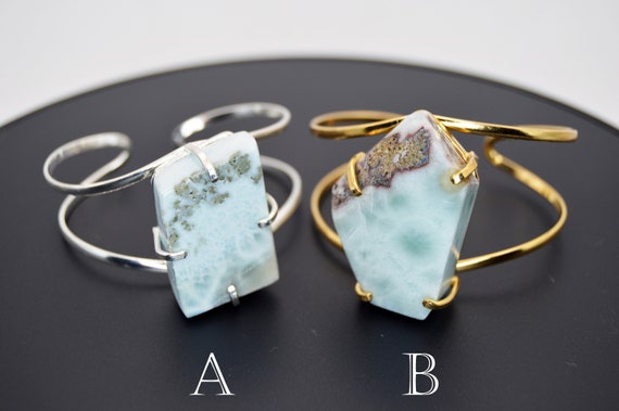 Huge Polygon Shaped Larimar Wire Cuff Adjustable … - image 2