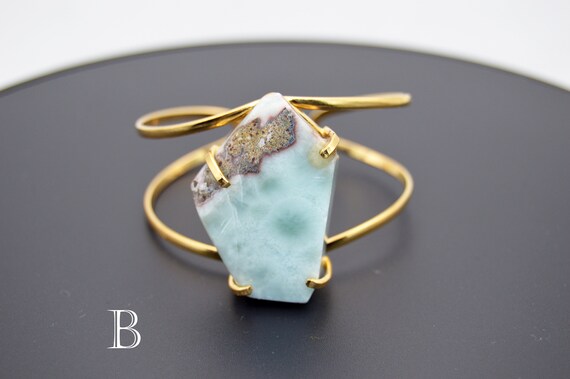 Huge Polygon Shaped Larimar Wire Cuff Adjustable … - image 6