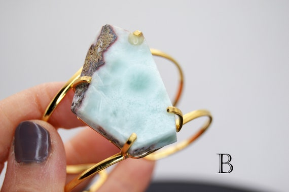 Huge Polygon Shaped Larimar Wire Cuff Adjustable … - image 7