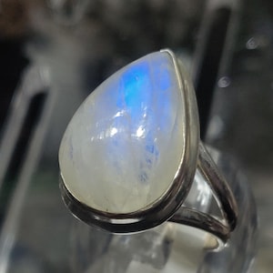 High Quality Rainbow Moonstone Tear Drop Ring, 925 Sterling Silver, Sz 7.5