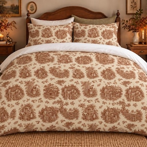Harvest Toile Duvet Cover Set, Rust Autumn Scenes, 100% Cotton Bedding