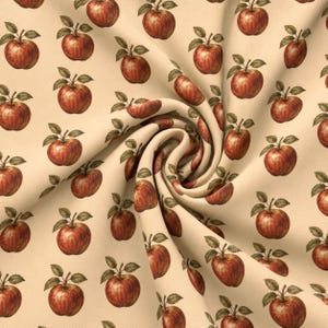 Vintage rött äppeltryck i bomull med twill, mönster med fruktträdgård (metervara)