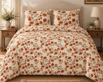 Autumn Floral Pattern Cotton Bed Set | Rust Orange Sunflower Duvet Cover