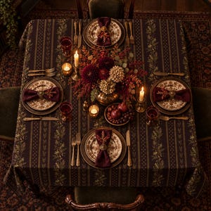Dark Victorian Botanical Cotton Twill Tablecloth, Oak Acorn Fern Print (58x58 or 58x102)