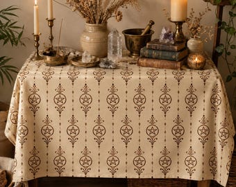 Pentacle Tablecloth | Vintage Damask Pagan Altar Cloth | Cream and Copper Witchy Dining Decor | Cotton Twill