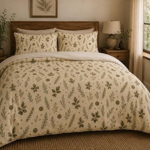 Autumn Leaves Pentacles Pattern Cotton Bed Set | Neutral Botanical Bedding