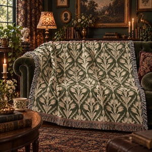Woven Cotton Venus Flytrap Throw, Olive Cream Botanical Tapestry, Fringed Heirloom Blanket