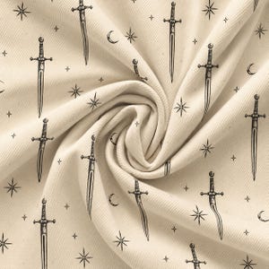 Celestial Dagger Fabric by the Yard, Victorian Gothic Revival Print, Antique Sword Moon and Stars Cotton Twill Sewing Fabric