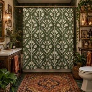 Venus Flytrap Shower Curtain | Olive Green Botanical Damask | Victorian Arts & Crafts Bathroom Decor
