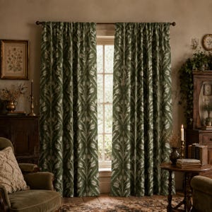 May include: A pair of floor-length curtains featuring a repeating botanical pattern of white tulips and green leaves against a dark forest green background. The curtains are hung on a simple dark rod and drape in vertical folds over a window frame.