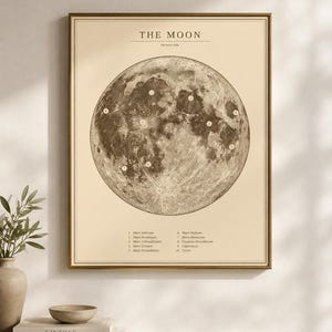May include: A framed wall print featuring a detailed sepia-toned illustration of the moon. The text reads THE MOON and the near side, with numbered lunar features labelled 1 through 10 listed at the bottom, including Mare Imbrium and Tycho.