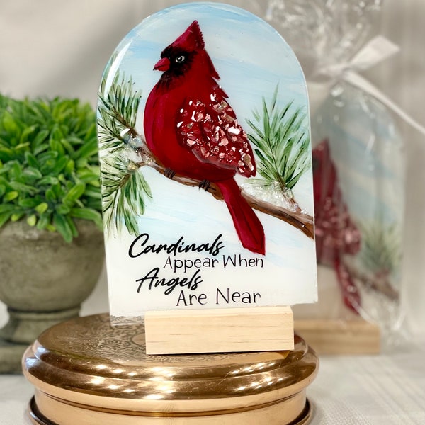 Cardinal hand painted 4x6 acrylic on wooden stand with glass and resin - memorial gift