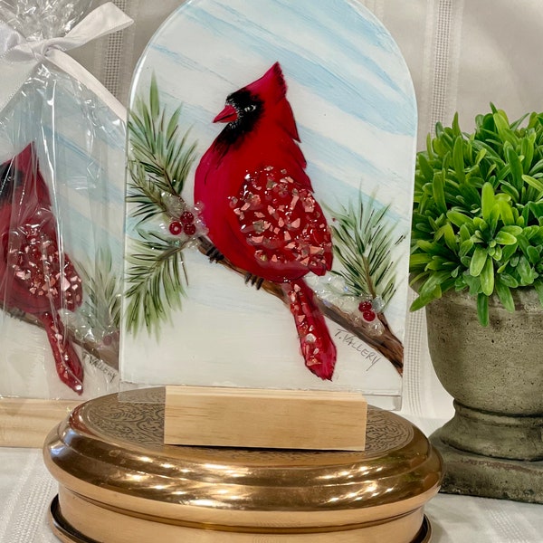 Cardinal hand painted 4x6 acrylic and wooden stand - memorial art -memorial gift