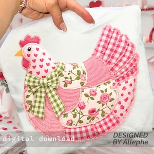 May include: A pink and white fabric chicken applique with a green bow, hearts, and floral patterns. The design is on a white background. Text reads "digital download" and "DESIGNED BY Allephe".