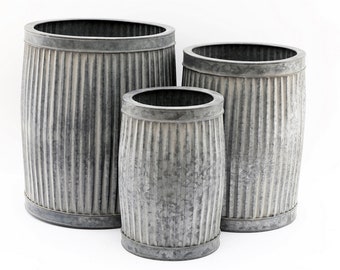 Unusual Set Of 3 Tin Barrel Garden Dolly Tubs -