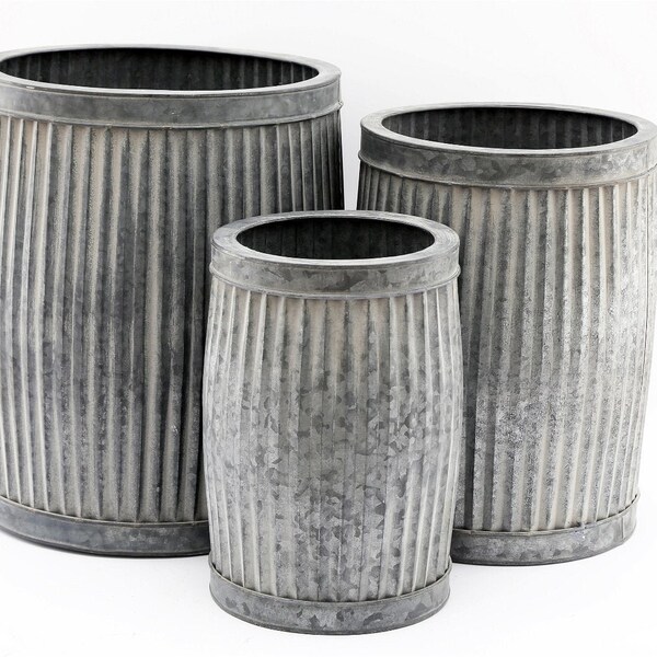Unusual Set Of 3 Tin Barrel Garden Dolly Tubs -
